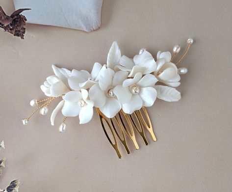 Polymer Clay Wedding, Bridal Floral Hair, Floral Hair Piece, Floral Hair Comb, Boho Headpiece, Floral Hair Pieces, Polymer Clay Flower Jewelry, Pearl Headpiece, Floral Hair Combs