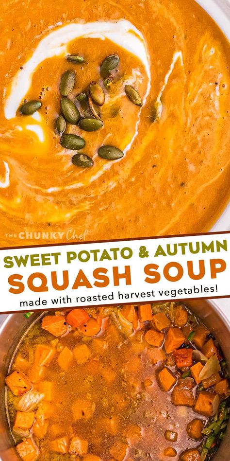 This Butternut Squash and Sweet Potato Soup is the ultimate in Fall and Winter comfort food. Roasting the squash and potatoes add such a deep caramelized flavor that is just unbeatable! The soup is also freezer-friendly! #soup #butternutsquash #sweetpotato #harvest Squash And Potatoes, Squash And Sweet Potato Soup, Butternut Squash And Sweet Potato, Butternut Squash Sweet, Frozen Butternut Squash, Sweet Potato Soup Recipes, Butternut Soup, Butternut Squash Recipes Soup, Squash Soup Recipe