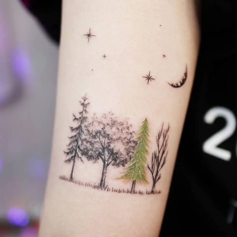 Tree Line Tattoo, Matching Tattoos For Siblings, Simple Tree Tattoo, Natur Tattoo Arm, Pine Tattoo, Oak Tree Tattoo, Pine Tree Tattoo, Tattoos With Kids Names, Mommy Tattoos