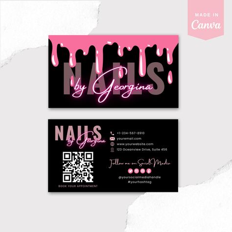 QR Code Business Card Template | Pink Nail Tech Editable Nail Artist Salon Business Cards Canva Template Custom Nail Technician Pink Card Nail Visiting Cards Design, Business Card Design Nails, Nail Tech Business Cards Ideas, Nail Business Cards, Nail Tech Business Cards, Neon Pink Nails, Business Nails, Qr Code Business Card, Hair Business Cards