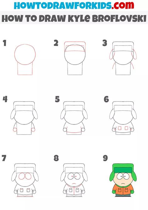 How to Draw Kyle Broflovski - Easy Drawing Tutorial For Kids How To Draw Kyle South Park, Southpark Characters Drawing, Easy South Park Drawings, How To Draw South Park, How To Draw South Park Characters, How To Draw Step By Step Easy, South Park Painting, South Park Drawings, Easy Cartoon Characters To Draw