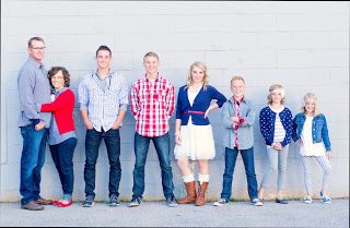 Palmer family-posing, colors, family of 8-This is my favorite!  Just the right mix of red white and blue with some grays, a bit of brown, and the clean slate of a gray wall..perfection! Red White Blue Desserts Easy, Red White Blue Drink, Red White Blue Wedding, Red White Blue Nails, Red White Blue Decorations, Blue Flower Arrangements, Blue Quotes, Blue Drinks, Gray Wall