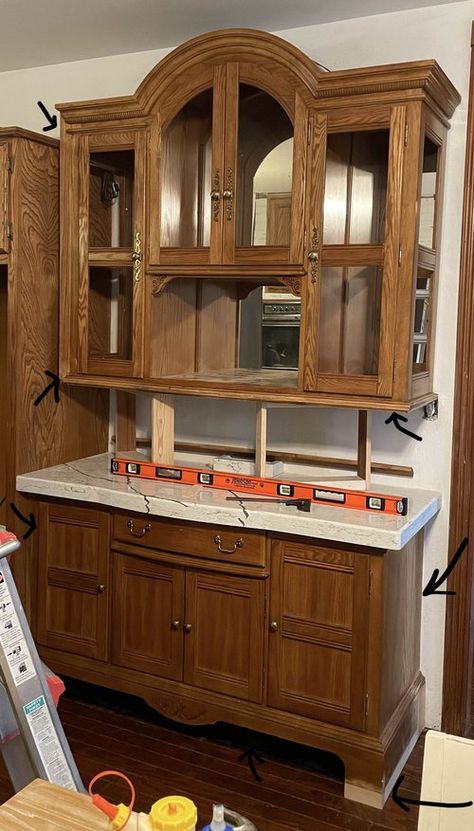 Makeover - China Hutch to Coffee Station — Salt Ranch China Cabinet Used As Kitchen Cabinets, China Cabinet To Coffee Bar, Hutch Makeover Coffee Bar, Coffee Bar Makeover, Lower Kitchen Cabinets, Repurposed China Cabinet, Bar Makeover, China Hutch Makeover, China Cabinets And Hutches