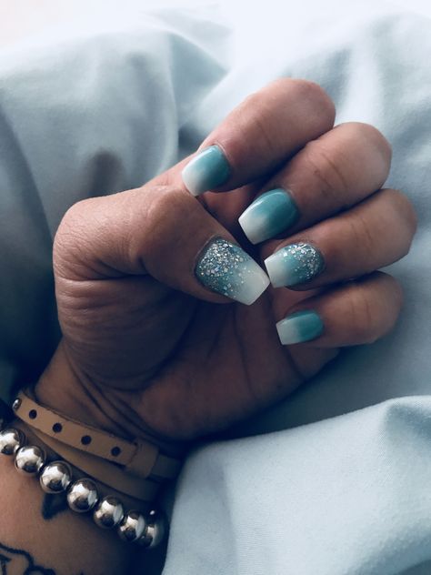 Teal And White Ombre Nails, Teal Ombre Acrylic Nails, Ombré Nails Glitter, Teal Ombre Nails, Ombre Acrylic Nails Coffin, Nails Teal, Grad Nails, Coffin Nail Ideas, Red And White Nails