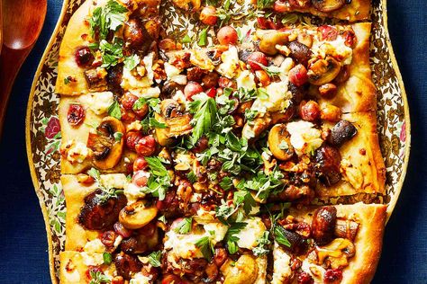 Goat Cheese Flatbread, Mushroom Goat Cheese, Goats Cheese Flatbread, Cheese Flatbread, Protein Nutrition, Flatbread Recipes, Toasted Walnuts, Pizza Stone, Soft Cheese