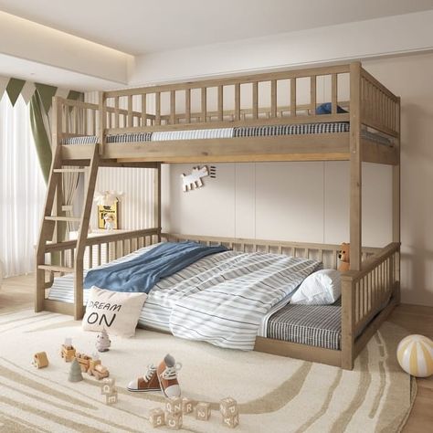 Full XL over Queen Size Bunk Bed with Ladder and Full-Length Guardrails, Solid Wood Floor Bunk Bedframe for Kids Teens - Bed Bath & Beyond - 40466013 Full Over Queen Bunk Bed, Lake Bedroom, Queen Bunk Bed, Queen Size Bunk Beds, Bunk Bed Sets, Bunk Beds Boys, Bunk Bed Frame, Queen Bunk Beds, Bed With Ladder