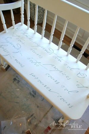 French Poem White Bench Makeover - stenciled - #frenchfurniture #whitebench #makeover artsychicksrule Refinished End Tables, Bench Makeover, French Poems, French Bench, White Bench, Upcycle Furniture, Diy Projects To Sell, Steampunk Decor, Budget Decorating