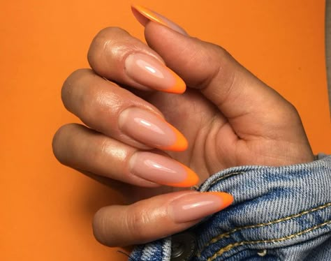 Orange Tip Almond Nails, Burnt Orange French Tip Nails Almond, French Manicure Orange Tips, Neon Orange French Tip Nails Almond, Long Almond Nails Orange, Almond Shape Orange French Tip, Orange French Nails, October Nails, Almond Shape Nails