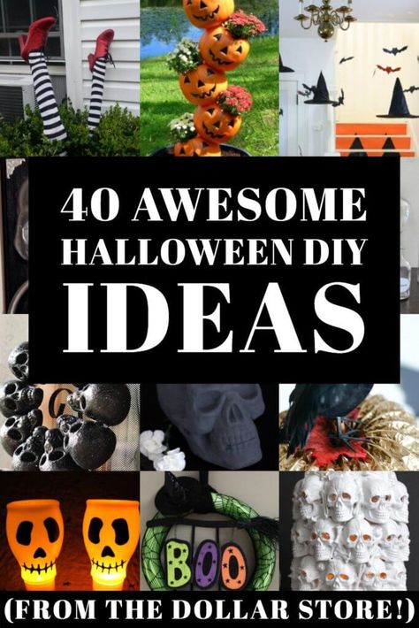 40 Dollar Store Halloween Decoration Ideas! Dollar Store DIYs for Halloween! It’s seriously easy to give those Dollar Tree pumpkins, skulls, crows & bugs a scary makeover & reinvent your home (inside & out) for Halloween! From fab wreaths & spooky spiders for the front door to centerpieces & apothecary jars & crafts to make with your kids these dollar store Halloween ideas are too awesome to miss! #Halloween #DollarStore #HalloweenDecorations #HalloweenDIY #HalloweenCrafts #crafts Dollar Store Diys, Jars Crafts, Dollar Tree Halloween Decor, Dollar Store Halloween Decorations, Halloween Decoration Ideas, Dollar Tree Pumpkins, Dollar Tree Halloween, Pumpkin Images, Halloween Front Porch Decor