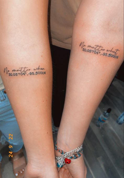 Bestie Tattoo Quotes, Work Bestie Tattoo, Long Distant Friend Tattoos, Creative Best Friend Tattoos, Best Friend Quotes Tattoos, Matching Tattoos For Long Distance, Long Distance Bestie Tattoos, Long Distance Friend Tattoos, Friendship Quote Tattoos