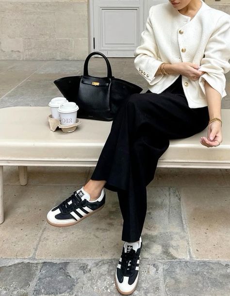 #BEAUTY ,#REALATIONSHIPS #Fashion #Outfits #Winter Outfits #Animals Black Gazelle Adidas Outfit, Samba Styling, Adidas Samba Black Outfit, Tweed Jacket Outfit, Army Outfit, Winter Fashion Cold, Sneakers Outfit Casual, Adidas Samba Outfit, White Pants Outfit