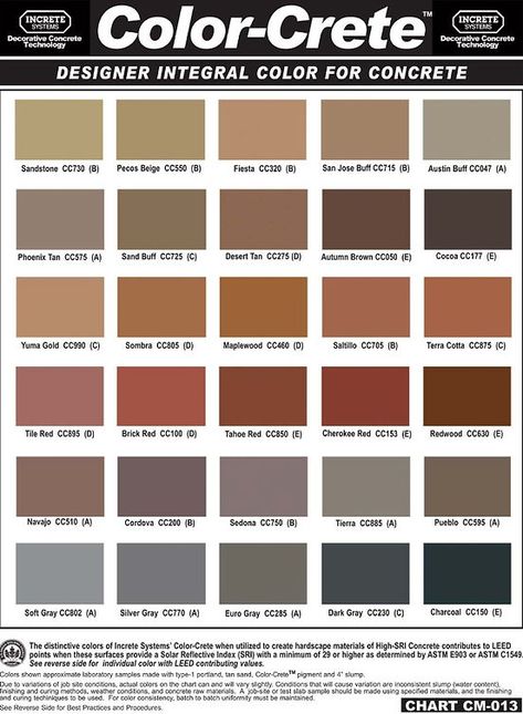 Concrete Design Charts Stamped Concrete Colors, Concrete Stain Patio, Color Concrete, York Stone, Stamped Concrete Patio, Santa Fe Style, Concrete Color, Colors And Patterns, Concrete Projects