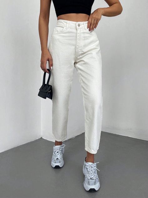 Blanc  Collar  Jean Unicolore Coupe droite Embellished Pas de l'extensibilité  Vêtements pour femmes Straight Leg Jeans, Leg Jeans, Straight Leg, Collar