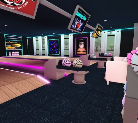 Bloxburg bowling alley idea Bloxburg Arcade Ideas, Bloxburg Night Club, Bloxburg Billboard Decals, Bloxburg Bowling Alley, Bloxburg Mall Interior, Roblox Town Ideas, Bloxburg Arcade, Bloxburg Garage Interior, Underground Garage Bloxburg