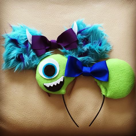 Mike and Sully Disney ears made for a Monsters Inc. themed party                                                                                                                                                                                 More Monsters Inc Disney Ears, Minnie Mouse Ears Diy, Sully Costume, Micky Ears, Mike And Sully, Diy Disney Ears, Disneyland Ears, Disney Ears Headband, Diy Mickey Ears