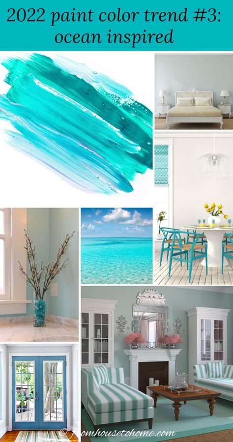 ocean-inspired colors including an aqua paint swatch, a bedroom with light green walls, dining room chairs painted in aqua, the Caribbean ocean, an aqua vase, teal french doors, and a sitting room painted in sea glass green 2022 Paint Color Trends, Vase Teal, Painted Chairs Dining Room, Breakfast Room Green, Paint Color Trends, Most Popular Paint Colors, Light Green Walls, Caribbean Ocean, Blue Green Paints