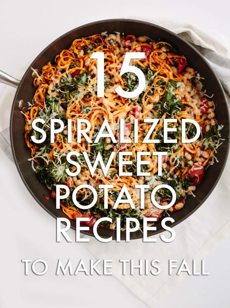 15 Spiralized Sweet Potato Recipes To Make This Fall - Inspiralized Spiralized Sweet Potato Recipes, Sweet Potato Spiralizer Recipes, Spiral Recipes, Sweet Potato Noodles Recipe, Inspiralized Recipes, Spiralized Recipes, Sweet Potato Rice, Spiralized Sweet Potato, Potato Waffles