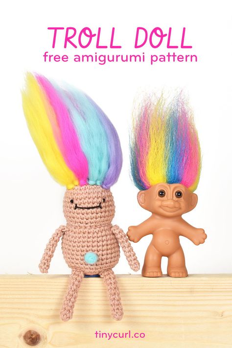 Crochet your very own Troll doll with this easy and free amigurumi pattern! This free pattern uses basic amigurumi techniques and minimal materials to make this awesome Troll doll! Amigurumi Techniques, Basic Amigurumi, Free Crochet Patterns Amigurumi, Whimsical Crochet, Doll Free Crochet Pattern, Tiny Curls, Needle Felting Tools, Disney Crochet Patterns, Crochet Tiny