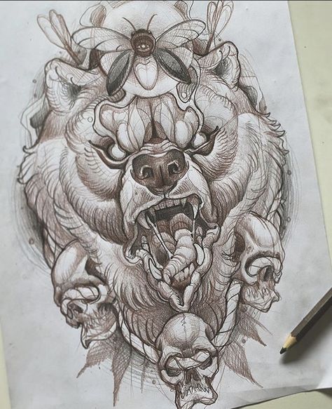 Neo Trad Bear Tattoo, Drawings For Tattoos Ideas, Neotraditional Bear Tattoo Design, Neotraditional Bear, Bear Drawing Tattoo, Neotraditional Tattoo Sketch, Design Sleeve Tattoo, Traditional Bear Tattoo, Chest Tattoo Drawings