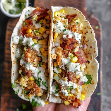 Meals With Fried Chicken, Street Chicken Tacos Recipe, Fried Chicken Street Corn Tacos, Corn Tacos Recipe, Chicken Street Corn, Street Corn Tacos, Recipe For Fried Chicken, August Recipes, Fried Chicken Taco