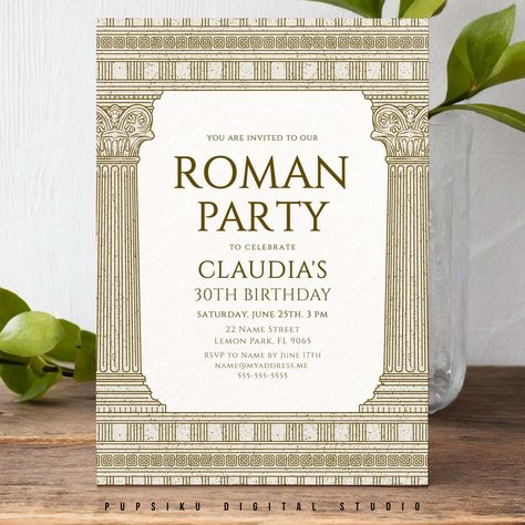 Roman Toga Party Invitation, 5x7 Editable File with Temple Columns, Costume Party, Ancient Greece Rome Birthday, Instant Corjl Template 031C by PupsikuDigital on Etsy Roman Party, Roman Toga, Roman Temple, Toga Party, Elegant Template, Pizza Menu, Ancient Greece, 30th Birthday, Ancient History