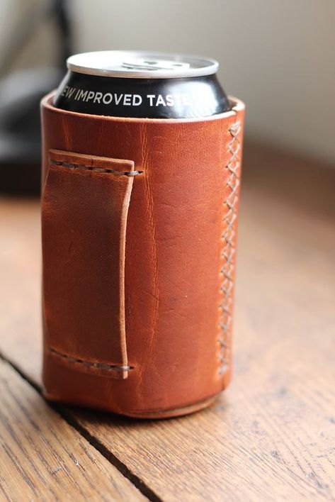 Leather Coozie Diy, Leather Koozie, Leather Mason Jar, Beer Holster, Handmade Leather Work, Leather Working Projects, Custom Leather Work, Leather Face Mask, Leather Working Patterns