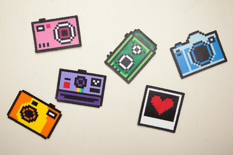 Perler Bead Camera Coasters | Maker Crate Camera Perler Beads, Perler Bead Camera, Camera Pixel Art, Perler Heart, Purple Camera, Perler Bead Designs, Perler Beads Ideas, Hamma Beads Ideas, Easy Perler Bead Patterns