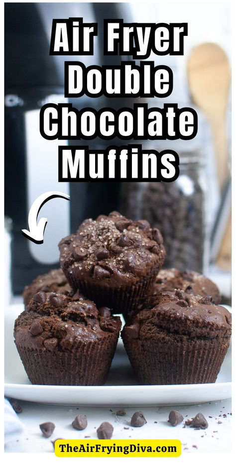 Chocolate Chocolate Chip Muffins- Air Fryer Recipe Chocolate Air Fryer Desserts, Air Fryer Chocolate Chip Muffins, Air Fryer Brownies For Two, Air Fryer Boxed Brownies, Muffins In Air Fryer, Double Chocolate Chip Muffins, Chocolate Muffin Recipe, Double Chocolate Muffins, Bakery Style Muffins