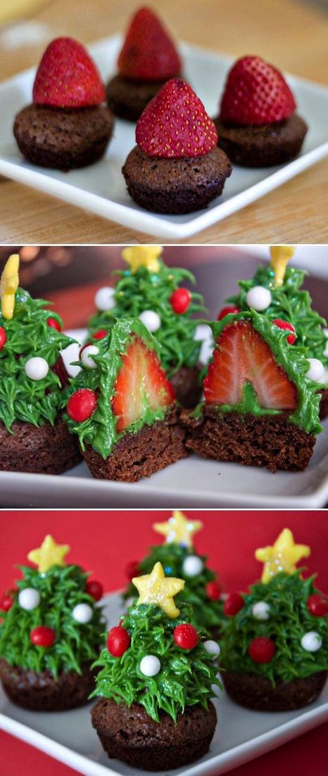 Strawberry Christmas Trees by Daisy's World Strawberry Christmas Tree, Strawberry Christmas, Tree Cupcakes, Christmas Tree Brownies, Crafts Love, Christmas Tree Cupcakes, Cupcakes Decorados, Family Diy, Xmas Food