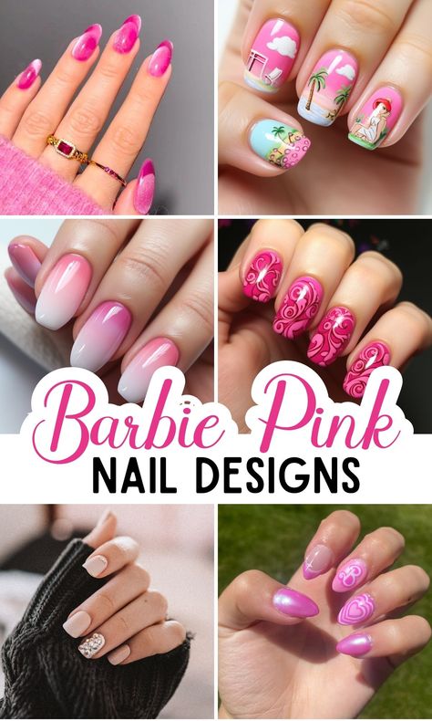 Barbie Inspo Nails, Malibu Barbie Nails, Barbie Nails Short, Barbie Manicure, Barbie Pink Nails With Design, Pink Nails With Design, Barbiecore Nails, Barry M Nail Polish, Drugstore Nail Polish