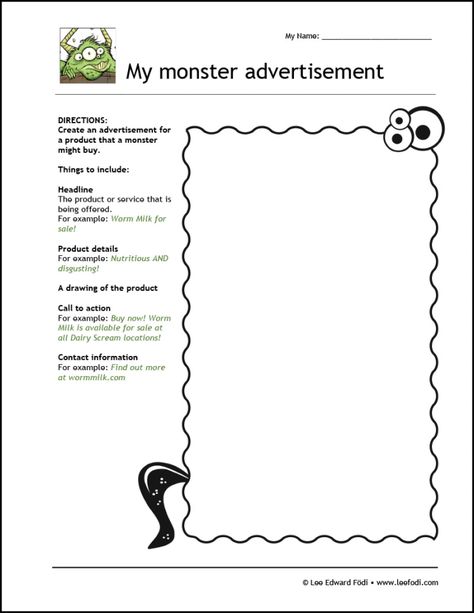 Activities for kids: Monster advertisement – Between the Cracks of Here and There Advertising Activities For Kids, Advertisement Ideas For School Project, Media Literacy Activities, Media Literacy Lessons, 5th Grade Activities, Writing Topics, Media Literacy, Teacher Activities, Primary Teaching