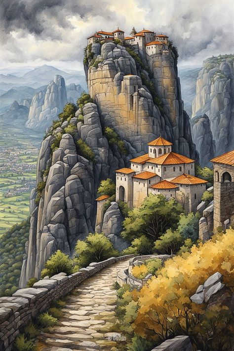 Mystical Monasteries: Digital Art Inspired by the Scenic Landscapes of  Meteora Mountain Monastery Fantasy Art, Fantasy Monastery, Fantasy Castles, Northern Greece, Meteora Greece, Fantasy Worlds, Art Village, Mountain Village, Fantasy Castle