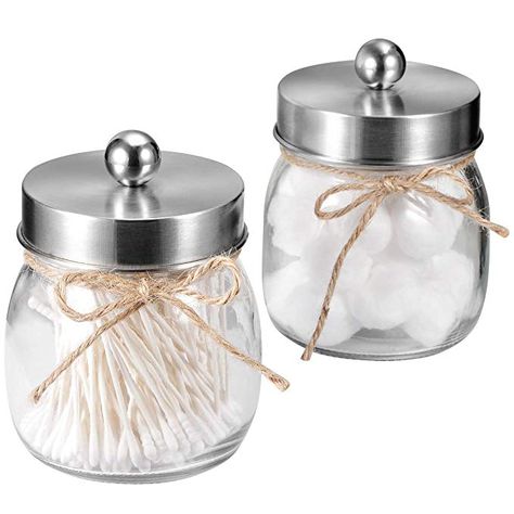 AmazonSmile: SheeChung Apothecary Jars Set,Mason Jar Decor Bathroom Vanity Storage Organizer Canister,Glass Qtip Holder Dispenser for Qtips,Cotton Swabs,Ball - Stainless Steel Lid/Brushed Nickel (2-Pack): Home & Kitchen Chanel Bathroom Decor Ideas, Bathroom Apothecary, Rustic Farmhouse Bathroom Ideas, Mason Jar Toothbrush Holder, Bathroom Vanity Organization, Bathroom Vanity Storage, Mason Jar Soap Dispenser, Mason Jar Bathroom, Foam Soap Dispenser