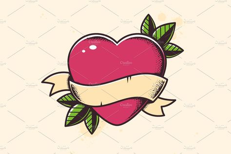 Banner Tattoo, Traditional Heart Tattoos, Illustration Heart, Traditional Style Tattoo, Blank Banner, Tattoo Vector, Heart Banner, Cartoon Heart, Heart Logo