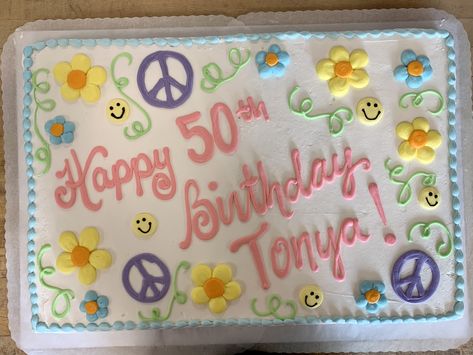 50 Sheet Cake 50th Birthday, Groovy Sheet Cake Ideas, Two Groovy Sheet Cake, Retro Sheet Cake, Peace Out Single Digits Birthday Cake, Groovy Sheet Cake, 60s Birthday Cake, Sunshine Cakes, Hippie Cake