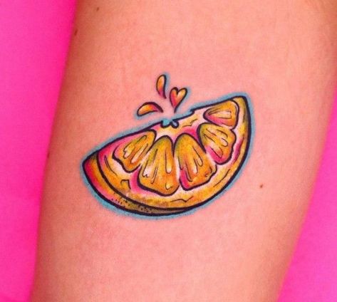 Lemon Drop Tattoo, Lemon Tattoo Ideas, Lemon Tattoo Design, Lime Wedge Tattoo, Lemon Wedge Tattoo, Traditional Lemon Tattoo, Monochromatic Tattoo, Tangerine Tattoo, Orange Tattoos