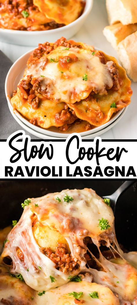 This shortcut slow cooker ravioli lasagna is made with only FOUR ingredients right in the crockpot. Start with your favorite ravioli, pair it with ground beef, pasta sauce, and mozzarella cheese for a lazy lasagna that the whole family will love. Slow Cooker Lazy Lasagna, Beef Pasta Sauce, Slow Cooker Ravioli Lasagna, Cheese Ravioli Recipe, Slow Cooker Ravioli, Crockpot Ravioli, Beef Crockpot, Slow Cooker Ground Beef, Lazy Lasagna