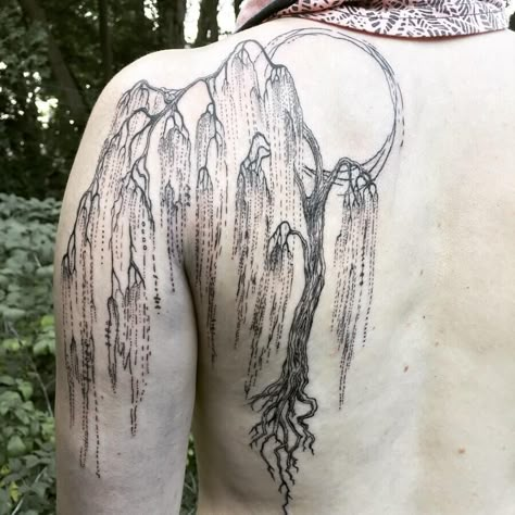 Willow Tree Sleeve Tattoo, Tattoo Weeping Willow, Weeping Willow Shoulder Tattoo, Weeping Willow Tattoo Sleeve, Weeping Willow Tree Tattoo Meaning, Willow Tree Tattoo Men, Willow Branches Tattoo, Weeping Willow Back Tattoo, Willow Tree Shoulder Tattoo