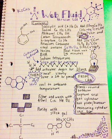 I wrote Peter Parker’s Web Fluid formula!! 🕸 Do not regret spending an hour doing this! Web Fluid Formula, Web Fluid, Spiderman Sketches, Spiderman Web, Spiderman Suits, Marvel Drawings, A Notebook, Marvel Wallpaper, Spiderman Art