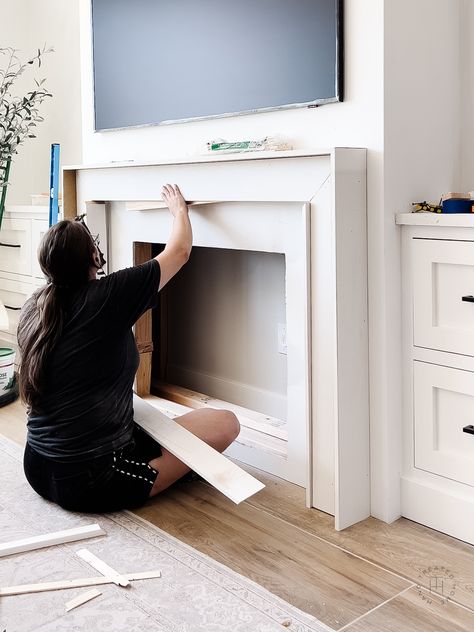 Faux Diy Fireplace, Build Your Own Fireplace Surround, Low Fireplace Mantel With Tv Above, Fireplace Mantel Makeover Diy, Diy Mantels Ideas Fireplace, Corner Room Fireplace, Electric Fireplace Without Tv, Diy Fireplace Small Living Room, Flush Corner Fireplace