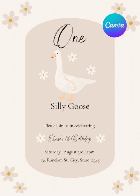 1 Silly Goose Birthday, Goose Themed 1st Birthday, One Silly Goose, One Silly Goose First Birthday, Silly Goose Birthday Party, One Silly Goose Birthday, Goose Birthday, 1st Birthday Theme, Flower Birthday Invitations