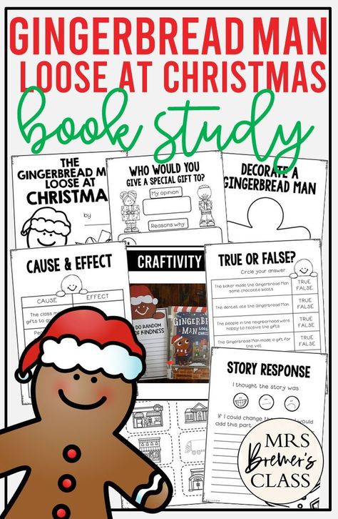 Gingerbread Man Loose at Christmas book activities unit with literacy printables, reading companion activities and a craft for Kindergarten and First Grade