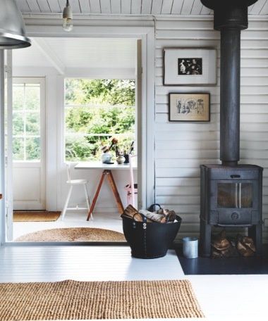 Scandinavian Fireplace, White Cabin, Plank Walls, Casa Vintage, Style Cottage, Scandinavian Living, Style At Home, Scandinavian Home, A Living Room