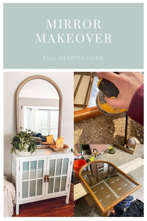 How I took a $20 Marketplace mirror find and turned it into the mirror of my dreams! // Mirror Makeover, DIY Mirror, Wooden Mirror, Arched Mirror, Mirror Transformation Diy Arched Mirror, Mirror Makeover Diy, Wood Makeover, Mirror Diy Projects, Diy Mirrors, Upcycle Mirror, Desert Boho, Mirror Makeover, Arched Mirror