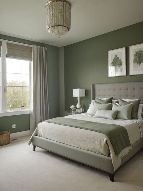 Green Bedroom Decor Ideas, Grey Green Bedrooms, Olive Bedroom, Olive Green Bedrooms, Green And White Bedroom, Sage Bedroom, Green Bedroom Walls, Calm Space, Green Bedroom Decor