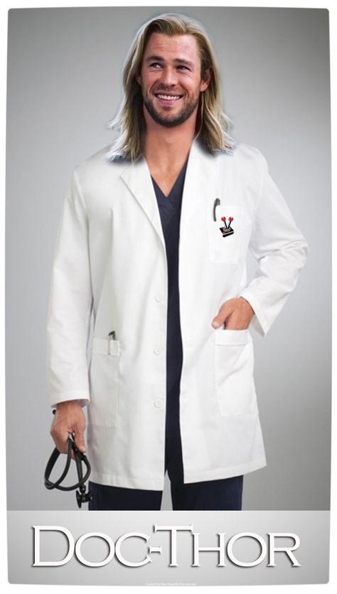 Vamers - Humour - Doc-Thor - Thor as a Doctor - By Hans Haupt Lab Coat Fashion, Medical Clothes, Doctor Uniform, Thing Marvel, Dental Uniforms, Italian Mens Fashion, White Lab Coat, Blouse Nylon, Hospitality Uniform