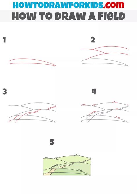 How to Draw a Field - Easy Drawing Tutorial For Kids How To Draw Hills, Sky Drawings, Landscape Drawing Tutorial, Farm Paintings, How To Draw Steps, Easy Doodles, Easy Drawing Tutorial, Drawing Tutorials For Kids, Book Clubs