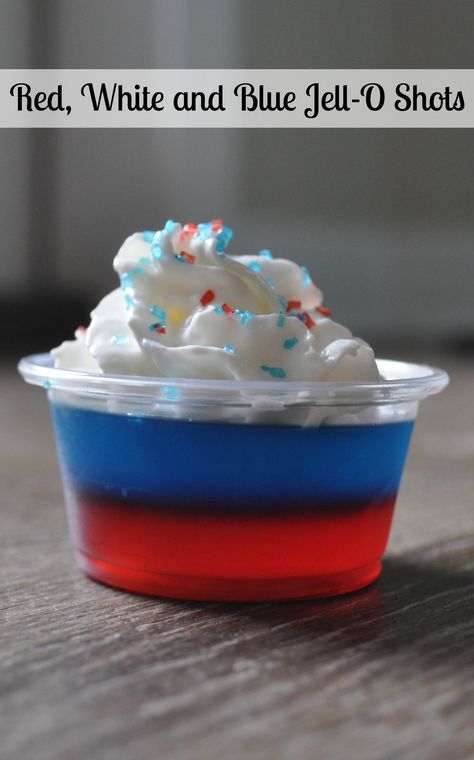 Red white and blue jello shots are the best drink for a fourth of July or Memorial Day party. Whether you're headed to the beach, having a party, or firing up the grill, these patriotic Jell-O shots will most definitely liven up your celebration. Fourth Of July Jello Shots, Fourth Of July Jello, Festive Shots, Red White And Blue Jello, Shots Vodka, Blue Jello Shots, Jello Shots Vodka, Jello Pudding Shots, Jell O Shots