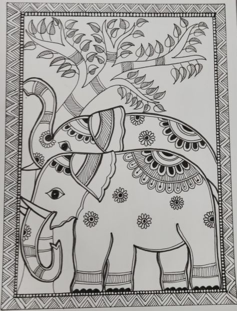 Madhubani Painting Outline, Madhubani Art Elephant Design, Madhubani Painting Elephant Easy, Elephant Drawing Embroidery, Beautiful Madhubani Art, Easy Folk Art Drawing, Madhubani Painting Drawing, Madhubani Elephant Design, Madhubani Pencil Drawing