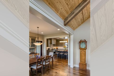 Traditional Mountain Craftsman | ACM Design Architecture & Interiors Ceiling Transition, Plank Ceilings, Vaulted Ceiling Beams, Flat Ceiling, Mountain Craftsman, Montana House, Craftsman Home Interiors, Lake Design, Cabin Interior Design